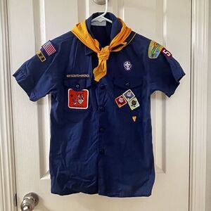 Boy Scouts of America Button Up Blue Uniform Top Patches Neckerchief Boys Size L